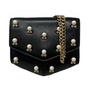 SANDRO Lou PM Black Leather Pearl Embellished Mini Leather Chain Bag